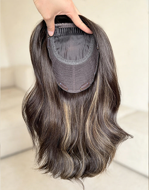 Caramel Highlights Brown Hair Toppers, 8"x8" Silk Top Base, European Virgin Human Hair Topper, 16-20 Inch, Full Coverage for Women