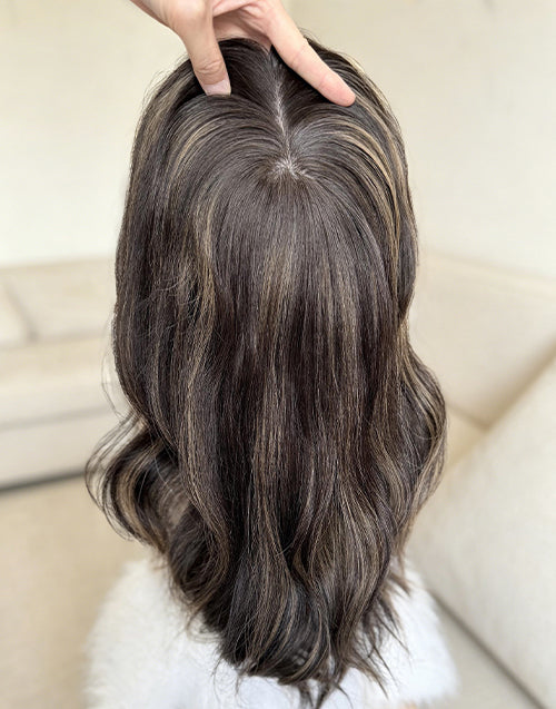 Caramel Highlights Brown Hair Toppers, 8"x8" Silk Top Base, European Virgin Human Hair Topper, 16-20 Inch, Full Coverage for Women