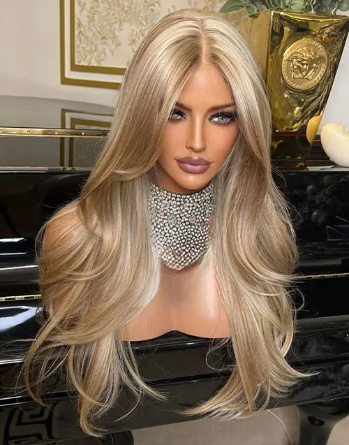Chic-True-hold Cap Curtain Bang Layered Cut Wigs Balayage Blonde Lace Front Wigs