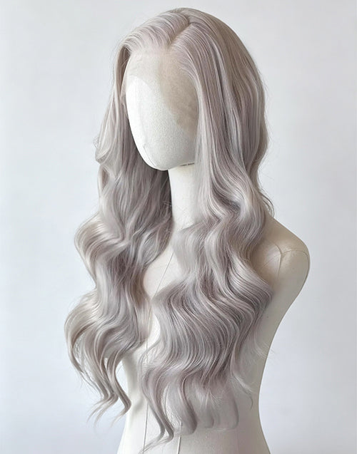 Coco-13x6 Silver Grey Long Wavy Lace Front Wig Glueless Human Hair Wigs Body Wave