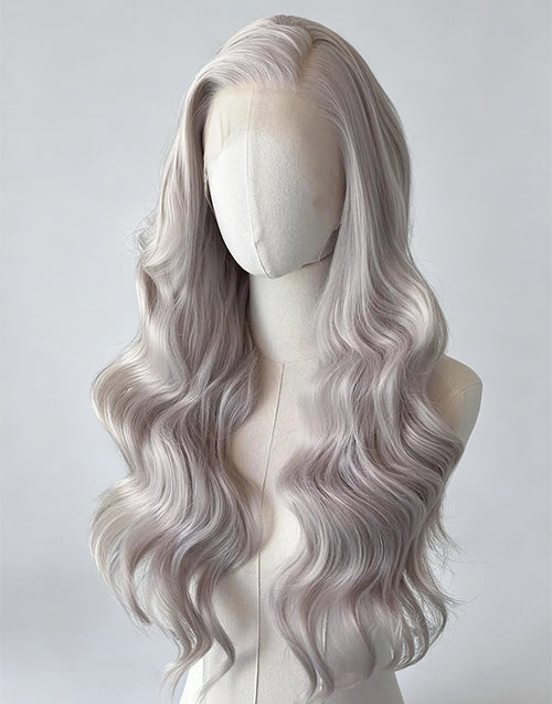 Coco-13x6 Silver Grey Long Wavy Lace Front Wig Glueless Human Hair Wigs Body Wave