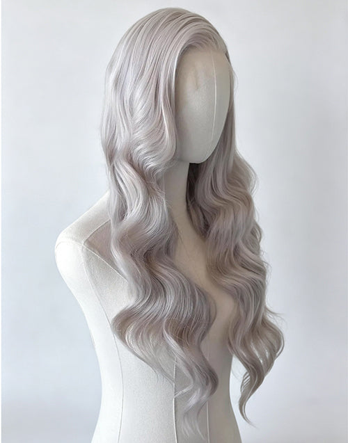 Coco-13x6 Silver Grey Long Wavy Lace Front Wig Glueless Human Hair Wigs Body Wave