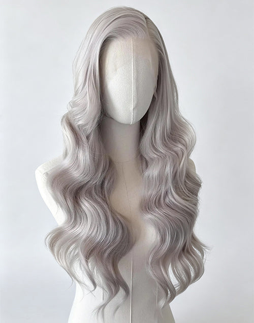 Coco-13x6 Silver Grey Long Wavy Lace Front Wig Glueless Human Hair Wigs Body Wave