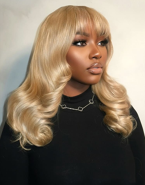 Confidence-Sun-kissed Honey Blonde Glueless Body Wave 7X5 Lace Front Wig With Air Bang