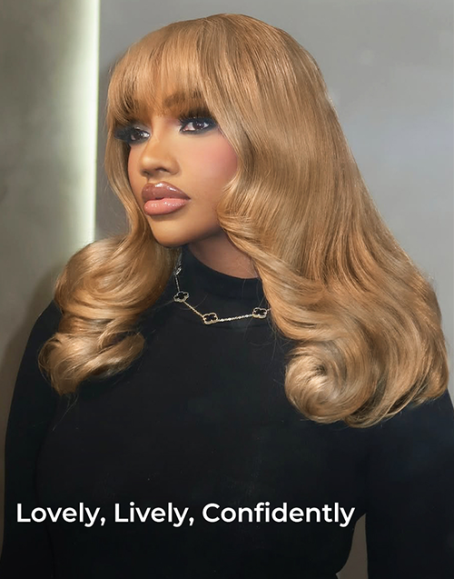 Confidence-Sun-kissed Honey Blonde Glueless Body Wave 7X5 Lace Front Wig With Air Bang