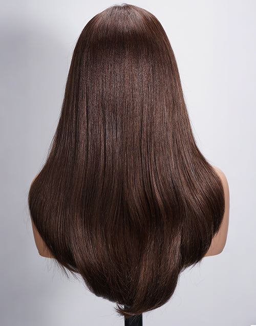 Karisa- Brown Color Curtain Bangs Layered Straight Pull Go Glueless Wig With Drawstring Pre Cut 7x5 Lace