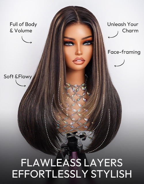 Zephyrine- Smart-Fit Pull Go Glueless Wig Balayage Honey Layer Cut Straight Wig Pre Cut Lace Human Hair