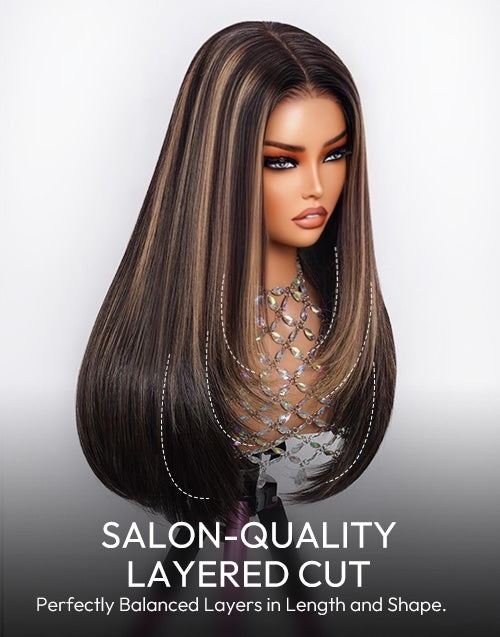 Zephyrine- Smart-Fit Pull Go Glueless Wig Balayage Honey Layer Cut Straight Wig Pre Cut Lace Human Hair