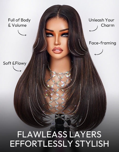 Selene- Glueless Pull Go Wig Brown Highlight Layered Haircut Straight Wig With Curtain Bangs Pre Cut Lace