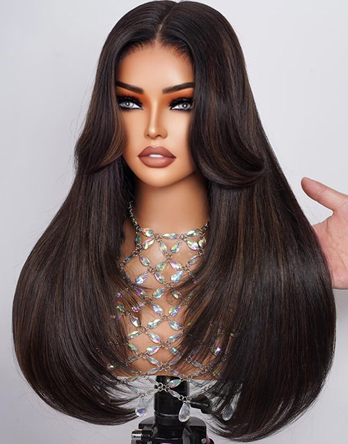 Selene- Glueless Pull Go Wig Brown Highlight Layered Haircut Straight Wig With Curtain Bangs Pre Cut Lace