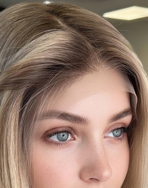 Falm-Mixed Light Bright Blonde Dark Roots Short Straight 13x6 Lace Frontal Bob Wig Glueless Wig Human Hair