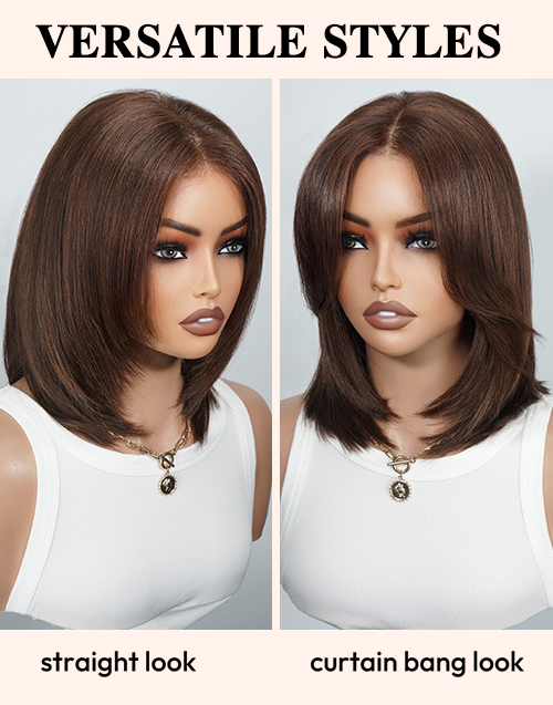 [Ready To Ship Only For US]Chloe- Brown Color Layered Bob Wig With Curtain Bangs 7x5 Pre Cut Lace