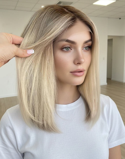 Falm-Mixed Light Bright Blonde Dark Roots Short Straight 13x6 Lace Frontal Bob Wig Glueless Wig Human Hair