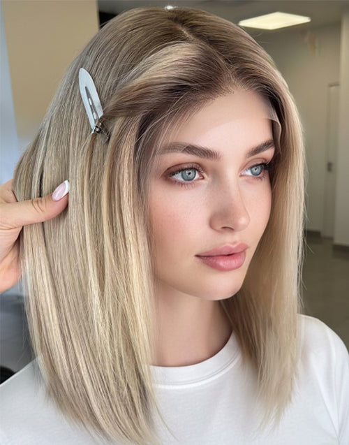 Falm-Mixed Light Bright Blonde Dark Roots Short Straight 13x6 Lace Frontal Bob Wig Glueless Wig Human Hair