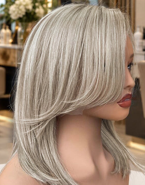 Ghada-Ombre Ash Blonde Highlight Layered Straight Bob Wig With Side Part Glueless Wig