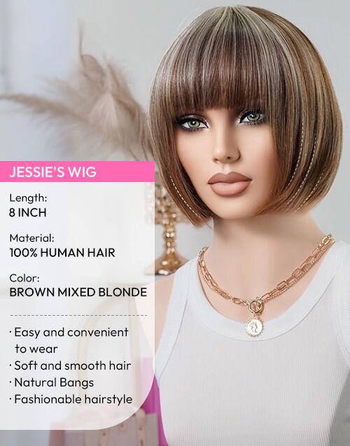 Meale- Brown Mixed Blonde Highlight Straight Bob Wig With Bangs Glueless Machinemade Wigs
