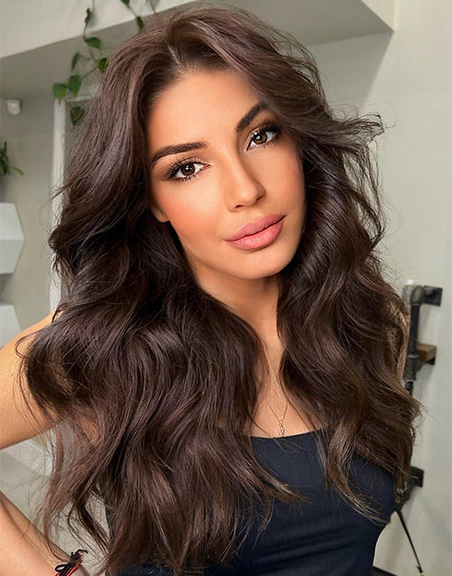 18" Dark Brown Color Wavy 13x4/5x5 Glueless Wig For Women Human Hair Flash Deal