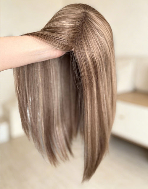 Human Hair Topper 6"x7" Mono Top Open Wefts Base, Medium Brown Highlights, Remy Human Hair Topper for Women 12-20 Inch Available