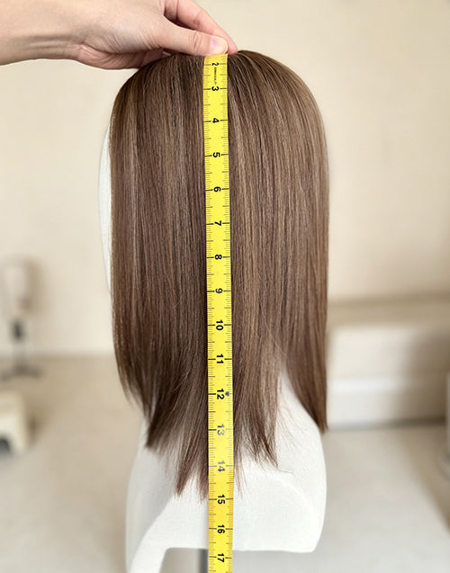 Human Hair Topper 6"x7" Mono Top Open Wefts Base, Medium Brown Highlights, European Remy Human Hair Topper for Women 12-20 Inch Available