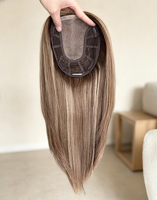 Human Hair Topper 6"x7" Mono Top Open Wefts Base, Medium Brown Highlights, European Remy Human Hair Topper for Women 12-20 Inch Available