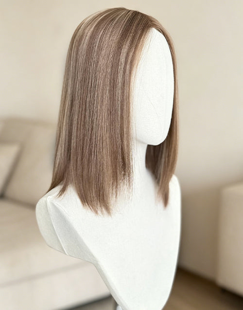 Human Hair Topper 6"x7" Mono Top Open Wefts Base, Medium Brown Highlights, European Remy Human Hair Topper for Women 12-20 Inch Available