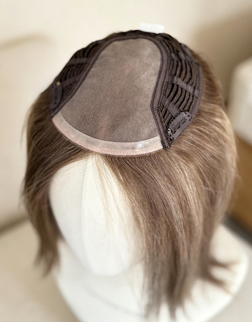 Human Hair Topper 6"x7" Mono Top Open Wefts Base, Medium Brown Highlights, European Remy Human Hair Topper for Women 12-20 Inch Available