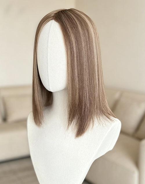 Human Hair Topper 6"x7" Mono Top Open Wefts Base, Medium Brown Highlights, European Remy Human Hair Topper for Women 12-20 Inch Available
