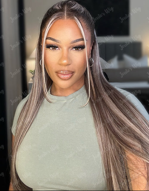 Icy-Ombre Smoky With Icy Blonde Silky Straight Lace Front Human Hair Wigs With Dark Roots