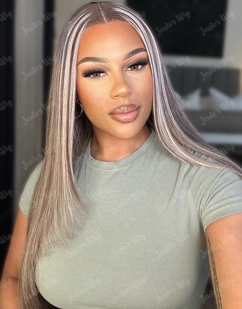26" 28" Ombre Highlight Ash Blonde Mixed Color Straight Lace Wig Flash Deal