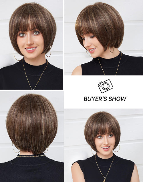 10” Minimalist Lace Wig Balayage Color Straight Bob Wigs With Bangs Flash Deal