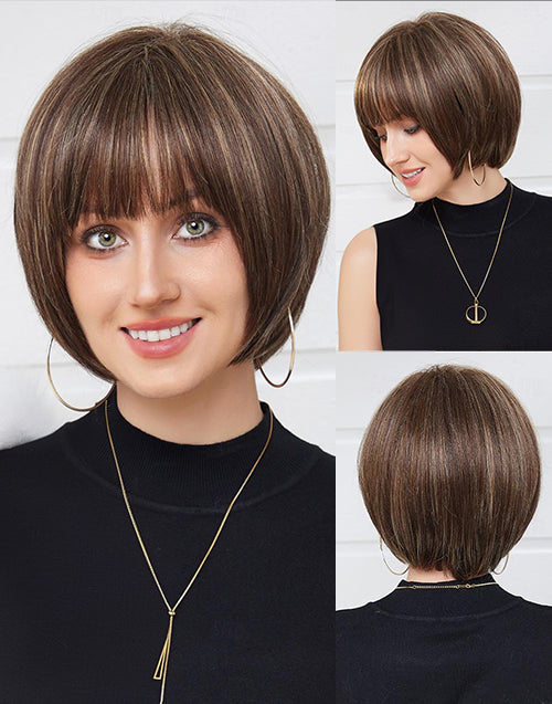 10” Minimalist Lace Wig Balayage Color Straight Bob Wigs With Bangs Flash Deal