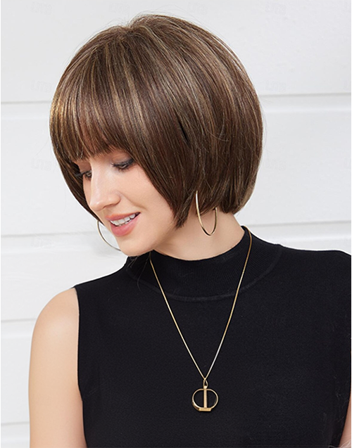 10” Minimalist Lace Wig Balayage Color Straight Bob Wigs With Bangs Flash Deal