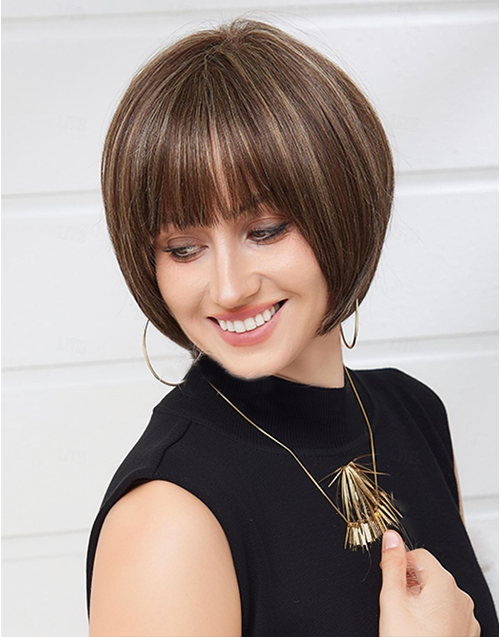 10” Minimalist Lace Wig Balayage Color Straight Bob Wigs With Bangs Flash Deal