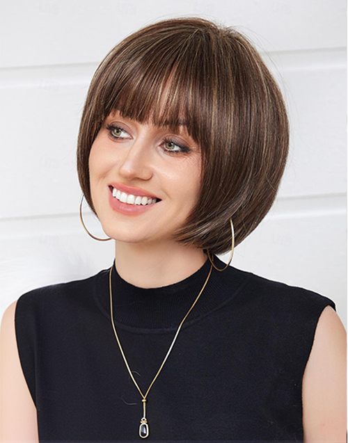 10” Minimalist Lace Wig Balayage Color Straight Bob Wigs With Bangs Flash Deal