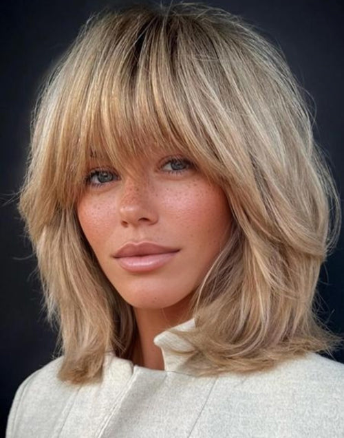 [Ready To Ship] Minimalist Lace Ombre Ash Blonde Bob Layered Straight Wig With Bangs