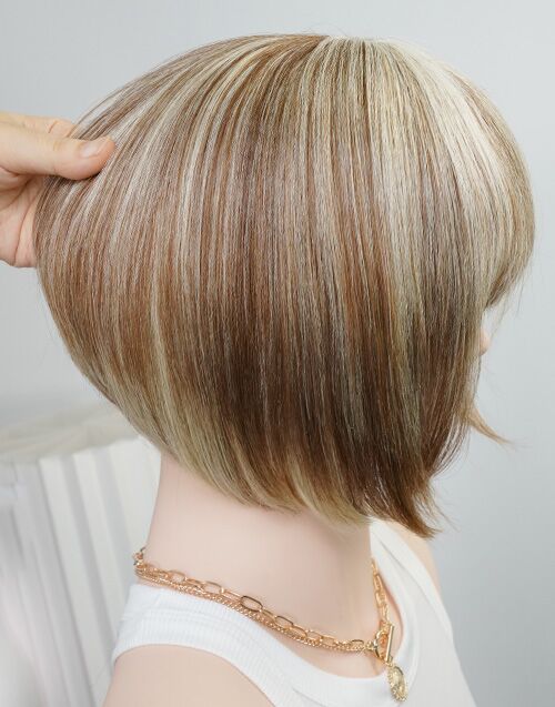 Meale- Brown Mixed Blonde Highlight Straight Bob Wig With Bangs Glueless Machinemade Wigs