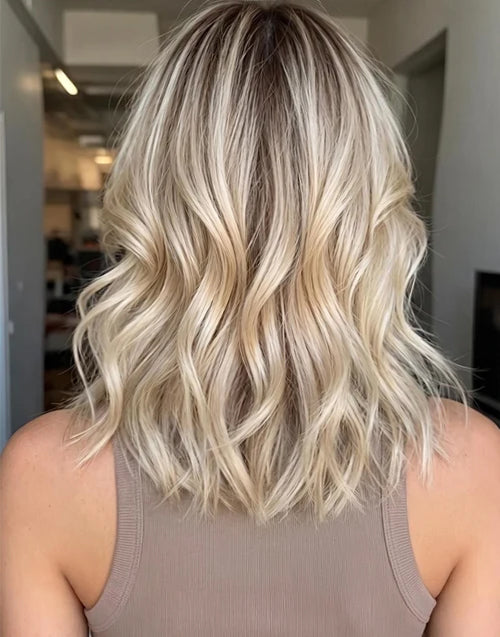 Vitha- Buttery Platinum Blonde Layers With Soft Curtain Bangs Wavy Bob True-Hold Glueless 5.5x5.5 Lace Wig Human Hair