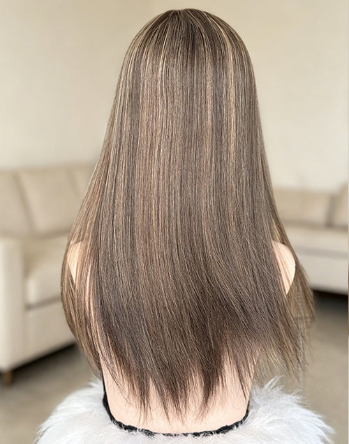 Medium Brown Highlights Hair Topper for Women, 8"x8" Silk Top Base, European Remy Human Hair, 14-20 Inch Mid Length