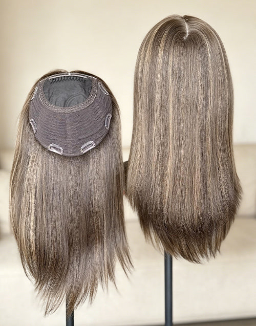 Medium Brown Highlights Hair Topper for Women, 8"x8" Silk Top Base, European Remy Human Hair, 14-20 Inch Mid Length