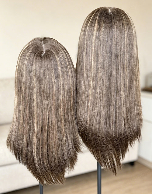 Medium Brown Highlights Hair Topper for Women, 8"x8" Silk Top Base, European Remy Human Hair, 14-20 Inch Mid Length