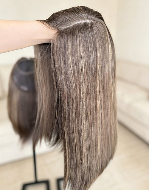 Medium Brown Highlights Hair Topper for Women, 8"x8" Silk Top Base, European Remy Human Hair, 14-20 Inch Mid Length