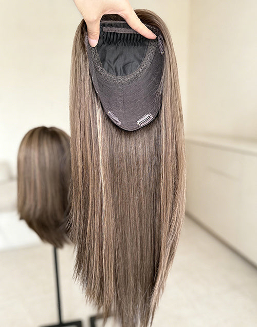 Medium Brown Highlights Hair Topper for Women, 8"x8" Silk Top Base,Remy Human Hair, 14-20 Inch Mid Length