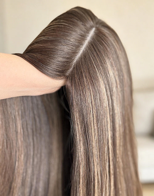 Medium Brown Highlights Hair Topper for Women, 8"x8" Silk Top Base, European Remy Human Hair, 14-20 Inch Mid Length
