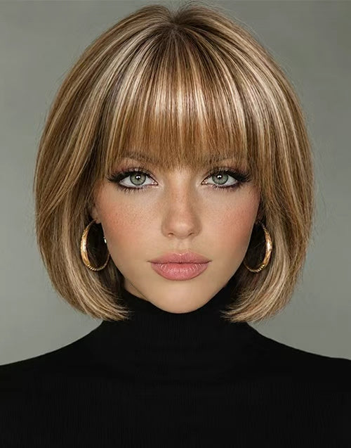 Merry-Minimalist Lace Warm Brown Blended with Natural Blonde Highlights Bob Wig With Bangs Beginner Friendly Light Weight Elegant Human Hair Wigs for Women