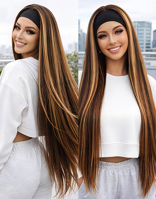 Modest Fashion Honey Blonde Highlights With Brown Color Remy Human Hair Headband Wig