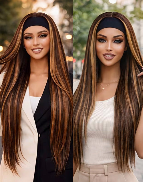 Modest Fashion Honey Blonde Highlights With Brown Color Remy Human Hair Headband Wig