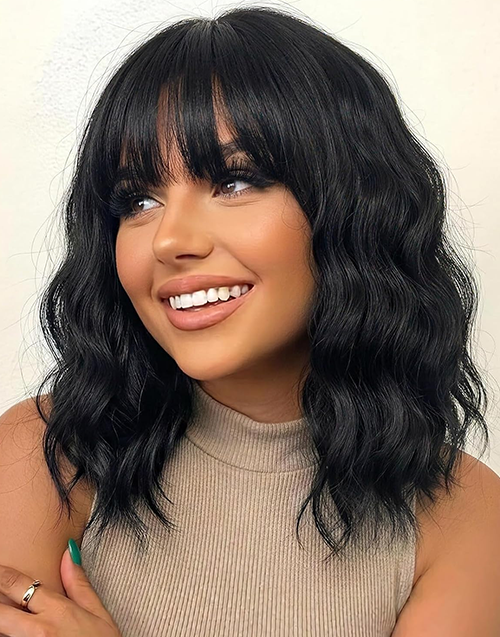 Moni- Minimalist Lace Elegant Wavy Short Bob Wig With Bangs Burnt Orange Pumpkin Brown Blonde Color for Women