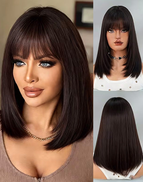 NOWA- Minimalist Lace Wig Remy Human Hair Burrnet Brown Color Bob Wig With Air Bangs