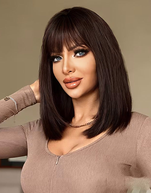NOWA- Minimalist Lace Wig Remy Human Hair Burrnet Brown Color Bob Wig With Air Bangs