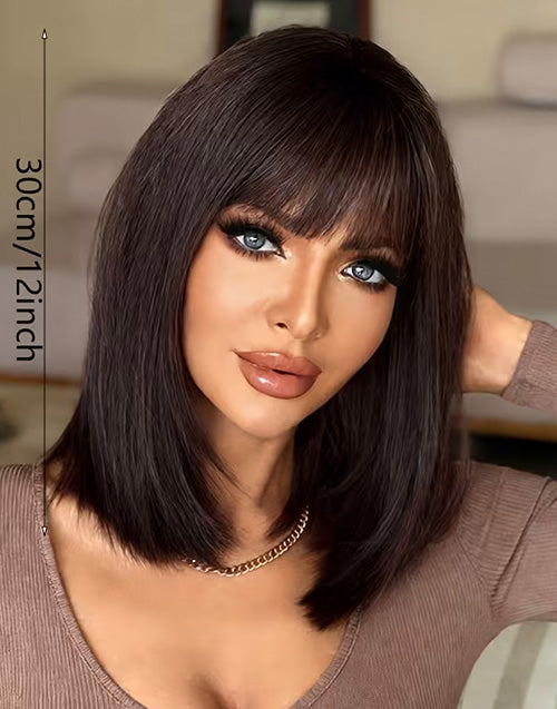 NOWA- Minimalist Lace Wig Remy Human Hair Burrnet Brown Color Bob Wig With Air Bangs